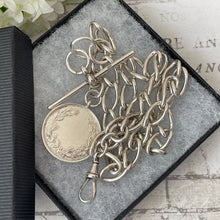 Lade das Bild in den Galerie-Viewer, Large Antique Silver Albert Watch Chain With Goldsmiths & Silversmiths Fob . Watch Chain Curb Link Necklace, Medal Pendant, T-Bar, Dog Clip