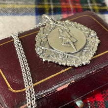 Cargar imagen en el visor de la galería, Vintage Scottish Silver Highland Fling Fob Pendant Necklace. Large Engraved Thistle, Rose & Shamrock Scottish Dancing Medal Dated 1954.