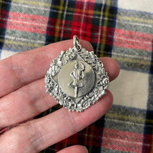 Cargar imagen en el visor de la galería, Vintage Scottish Silver Highland Fling Fob Pendant Necklace. Large Engraved Thistle, Rose & Shamrock Scottish Dancing Medal Dated 1954.