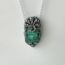 Lade das Bild in den Galerie-Viewer, Antique Art Deco Silver & Simulated Carved Jade Dress Clip. 1920s Green Czech Peking Glass Sterling Silver Flower Brooch Pendant