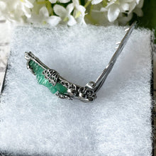 Lade das Bild in den Galerie-Viewer, Antique Art Deco Silver & Simulated Carved Jade Dress Clip. 1920s Green Czech Peking Glass Sterling Silver Flower Brooch Pendant