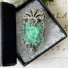 Lade das Bild in den Galerie-Viewer, Antique Art Deco Silver & Simulated Carved Jade Dress Clip. 1920s Green Czech Peking Glass Sterling Silver Flower Brooch Pendant