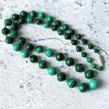 Load image into Gallery viewer, Vintage Art Deco Malachite Gemstone Bead Necklace. Carved Graduated Natural Malachite Bead Necklace 25"/59cm. Scottish Malachite Necklace.