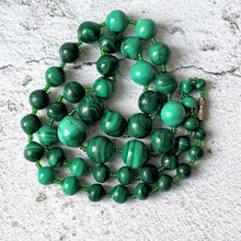 Load image into Gallery viewer, Vintage Art Deco Malachite Gemstone Bead Necklace. Carved Graduated Natural Malachite Bead Necklace 25"/59cm. Scottish Malachite Necklace.