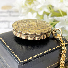 画像をギャラリービューアに読み込む, Victorian Aesthetic Rose Engraved Gold Locket Necklace. Antique Pie Crust Edge 2-Sided Gold Tone Locket & Chain. Photo/Keepsake/Hair Locket