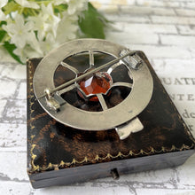 Cargar imagen en el visor de la galería, Victorian Scottish Silver Belted Garter Citrine Brooch. Aesthetic Engraved Cartwheel Brooch. Antique Scottish Cairngorm Plaid/Tartan Brooch