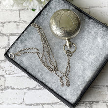 Lade das Bild in den Galerie-Viewer, Antique English Silver Sovereign Case Locket Pendant Necklace. Edwardian Forget-Me-Not Engraved Round Puffy Keepsake Locket Pendant On Chain