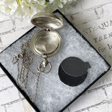 Lade das Bild in den Galerie-Viewer, Antique English Silver Sovereign Case Locket Pendant Necklace. Edwardian Forget-Me-Not Engraved Round Puffy Keepsake Locket Pendant On Chain