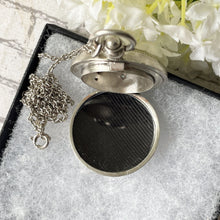Lade das Bild in den Galerie-Viewer, Antique English Silver Sovereign Case Locket Pendant Necklace. Edwardian Forget-Me-Not Engraved Round Puffy Keepsake Locket Pendant On Chain