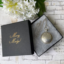 Lade das Bild in den Galerie-Viewer, Antique English Silver Sovereign Case Locket Pendant Necklace. Edwardian Forget-Me-Not Engraved Round Puffy Keepsake Locket Pendant On Chain
