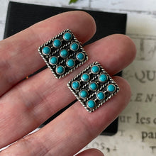 Load image into Gallery viewer, Vintage Zuni Silver Petit Point Turquoise Cluster Earrings. Arts &amp; Crafts Sterling Silver Screw Back Earrings. Native American Jewellery
