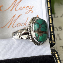 Load image into Gallery viewer, Vintage Sterling Silver &amp; Turquoise Native American Ring. Heart Motif Turquoise Gemstone Cabochon Ring. Boho Silver Ring, UK/K, US/5-1/4
