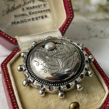 Cargar imagen en el visor de la galería, Antique Victorian Silver & Pearl Sweetheart Brooch. Aesthetic Engraved Ivy Domed Button Brooch. Sterling Silver Small Round Lapel/Collar Pin