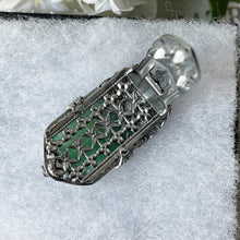 Lade das Bild in den Galerie-Viewer, Antique Art Deco Silver & Simulated Carved Jade Dress Clip. 1920s Green Czech Peking Glass Sterling Silver Flower Brooch Pendant