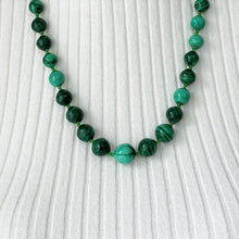Load image into Gallery viewer, Vintage Art Deco Malachite Gemstone Bead Necklace. Carved Graduated Natural Malachite Bead Necklace 25"/59cm. Scottish Malachite Necklace.