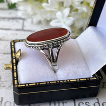 Cargar imagen en el visor de la galería, Vintage Scottish Carnelian Sterling Silver Ring. Large Oval Natural Carnelian Statement Ring. Art Deco Style Cocktail Ring Size Q / 8-1/4