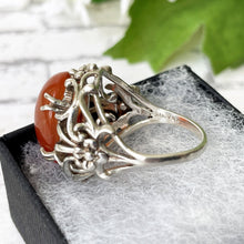 Cargar imagen en el visor de la galería, Antique Arts & Crafts Silver Carnelian Floral Ring. Edwardian Art Nouveau Sterling Silver Dome Statement Ring, Size UK N-1/2, US 7