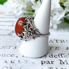 Cargar imagen en el visor de la galería, Antique Arts & Crafts Silver Carnelian Floral Ring. Edwardian Art Nouveau Sterling Silver Dome Statement Ring, Size UK N-1/2, US 7