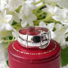 Cargar imagen en el visor de la galería, Antique English Silver Wide Band Buckle Ring, 1901 Hallmarks. Victorian Sterling Silver Unisex Ring. Chunky D-Band Ring, Size UK P-1/2, US 8