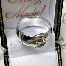 Cargar imagen en el visor de la galería, Antique English Silver Wide Band Buckle Ring, 1901 Hallmarks. Victorian Sterling Silver Unisex Ring. Chunky D-Band Ring, Size UK P-1/2, US 8