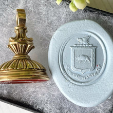 Carica l'immagine nel visualizzatore di Gallery, Antique 18ct Gold Carnelian Fob Seal Pendant with Coat of Arms. Georgian/Victorian Boar & Wolf "Suo Marte" Large Wax Seal Necklace Pendant