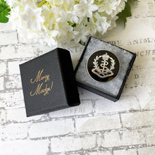 Cargar imagen en el visor de la galería, Antique Royal Army Medical Corps Silver Sweetheart Brooch, 1916 Hallmark. Edwardian Piqué Work Miniature Army Badge Pin. Love Token Jewelry