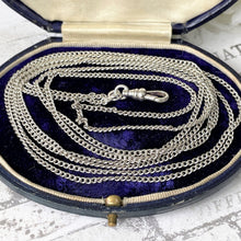 Cargar imagen en el visor de la galería, Edwardian 58” Long Guard Chain Silver Necklace & Swivel Dog Clip. Antique Art Deco Sterling Silver Curb Chain Sautoir Necklace, Muff Chain