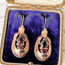 Cargar imagen en el visor de la galería, Victorian 9ct Rose Gold Etruscan Revival Garnet Drop Earrings, Boxed. Antique Bohemian Garnet Pendant Drop Earrings. Victorian Gold Jewelry
