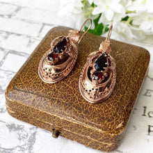 Cargar imagen en el visor de la galería, Victorian 9ct Rose Gold Etruscan Revival Garnet Drop Earrings, Boxed. Antique Bohemian Garnet Pendant Drop Earrings. Victorian Gold Jewelry