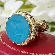 Cargar imagen en el visor de la galería, Georgian 9ct Gold Turquoise Intaglio Seal Fob Pendant. "UXL Scroll" Antique Blue Paste Tassie Seal. Georgian Floral Carved Gold Pendant Fob