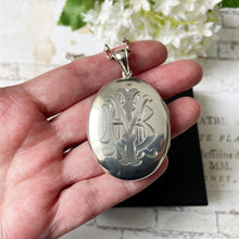 Cargar imagen en el visor de la galería, Antique Edwardian Sterling Silver Locket Pendant Necklace. Large Engraved Monogram Puffy Oval Locket & Chain. Antique Photo/Keepsake Locket