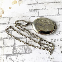 Cargar imagen en el visor de la galería, Antique Edwardian Sterling Silver Locket Pendant Necklace. Large Engraved Monogram Puffy Oval Locket & Chain. Antique Photo/Keepsake Locket