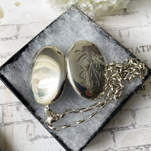 Cargar imagen en el visor de la galería, Antique Edwardian Sterling Silver Locket Pendant Necklace. Large Engraved Monogram Puffy Oval Locket & Chain. Antique Photo/Keepsake Locket