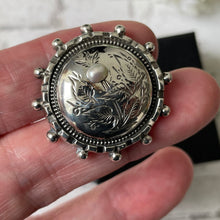 Cargar imagen en el visor de la galería, Antique Victorian Silver & Pearl Sweetheart Brooch. Aesthetic Engraved Ivy Domed Button Brooch. Sterling Silver Small Round Lapel/Collar Pin
