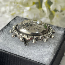 Cargar imagen en el visor de la galería, Antique Victorian Silver & Pearl Sweetheart Brooch. Aesthetic Engraved Ivy Domed Button Brooch. Sterling Silver Small Round Lapel/Collar Pin