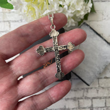 Load image into Gallery viewer, Vintage English Sterling Silver Cross Pendant Necklace. Engraved Silver Large Trefoil Cross &amp; 22&quot; Chain. Christian Cross Bottony Pendant

