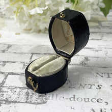 Lade das Bild in den Galerie-Viewer, Antique Blue Leather "Russells" Jewellers Ring Box. English Victorian Engagement Ring Box. Dark Blue/Black Kidskin Display/Staging Ring Box