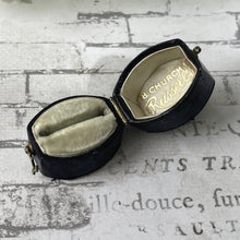 Lade das Bild in den Galerie-Viewer, Antique Blue Leather "Russells" Jewellers Ring Box. English Victorian Engagement Ring Box. Dark Blue/Black Kidskin Display/Staging Ring Box