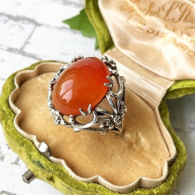 Antique Arts & Crafts Silver Carnelian Floral Ring. Edwardian Art Nouveau Sterling Silver Dome Statement Ring, Size UK N-1/2, US 7