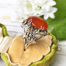 Cargar imagen en el visor de la galería, Antique Arts & Crafts Silver Carnelian Floral Ring. Edwardian Art Nouveau Sterling Silver Dome Statement Ring, Size UK N-1/2, US 7