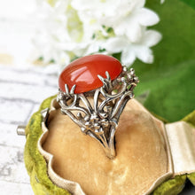 Cargar imagen en el visor de la galería, Antique Arts & Crafts Silver Carnelian Floral Ring. Edwardian Art Nouveau Sterling Silver Dome Statement Ring, Size UK N-1/2, US 7