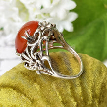 Cargar imagen en el visor de la galería, Antique Arts & Crafts Silver Carnelian Floral Ring. Edwardian Art Nouveau Sterling Silver Dome Statement Ring, Size UK N-1/2, US 7