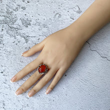 Cargar imagen en el visor de la galería, Antique Arts & Crafts Silver Carnelian Floral Ring. Edwardian Art Nouveau Sterling Silver Dome Statement Ring, Size UK N-1/2, US 7