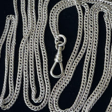 Cargar imagen en el visor de la galería, Victorian Silver 58” Long Guard Chain Necklace. Antique Curb Link Wheat Chain Sautoir Necklace. Sterling Silver Muff/Pocket Watch Chain