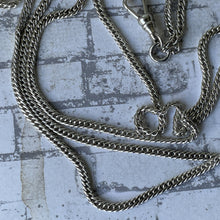 Cargar imagen en el visor de la galería, Victorian Silver 58” Long Guard Chain Necklace. Antique Curb Link Wheat Chain Sautoir Necklace. Sterling Silver Muff/Pocket Watch Chain