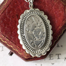 Cargar imagen en el visor de la galería, Victorian Silver Aesthetic Engraved Pansy Flower Pendant Necklace. Oval Sterling Silver Antique Pendant & Belcher Chain. Victorian Jewelry