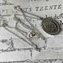 Cargar imagen en el visor de la galería, Victorian Silver Aesthetic Engraved Pansy Flower Pendant Necklace. Oval Sterling Silver Antique Pendant & Belcher Chain. Victorian Jewelry