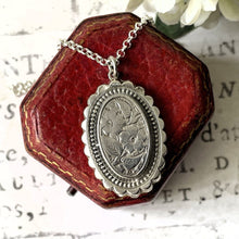 Cargar imagen en el visor de la galería, Victorian Silver Aesthetic Engraved Pansy Flower Pendant Necklace. Oval Sterling Silver Antique Pendant & Belcher Chain. Victorian Jewelry