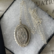 Cargar imagen en el visor de la galería, Victorian Silver Aesthetic Engraved Pansy Flower Pendant Necklace. Oval Sterling Silver Antique Pendant & Belcher Chain. Victorian Jewelry