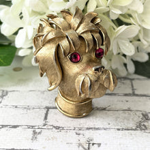 Load image into Gallery viewer, Vintage 1960s Crown Trifari Poodle Brooch. Gold Figural Poodle Head Brooch With Red Glass Crystal Eyes. Vintage Collectible Costume Jewelry